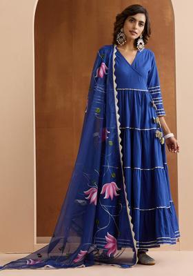 Navy Blue Solid Cotton Anarkali Set
