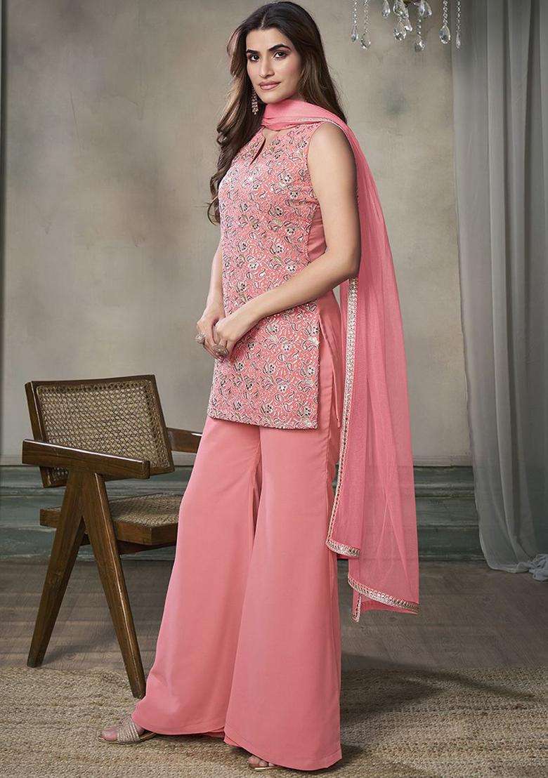 Peach Embroidered Georgette Sharara Set - Indya