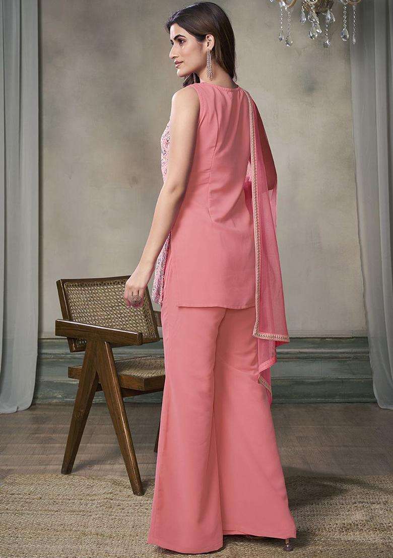 Peach Embroidered Georgette Sharara Set - Indya