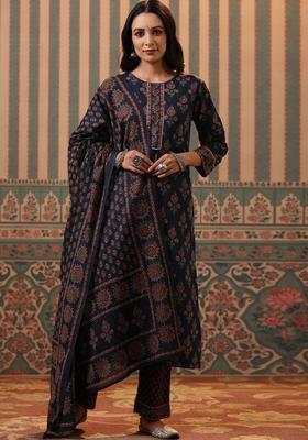 Navy Blue Printed Cotton Kurta Set