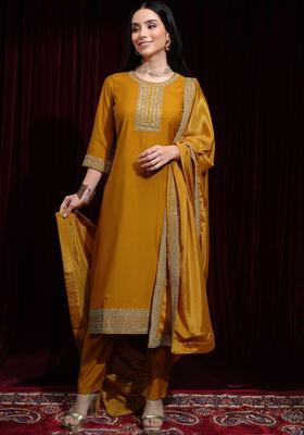 Yellow Embroidered Polyester Kurta Set