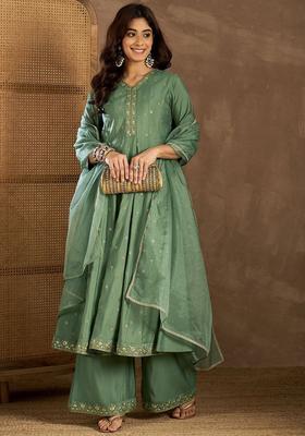 Green Self Design Silk Blend Kurta Set