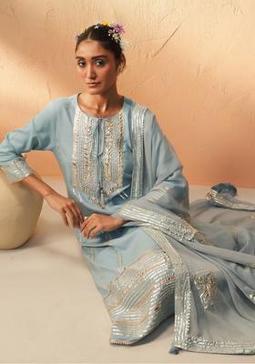 Blue Striped Viscose Kurta Set