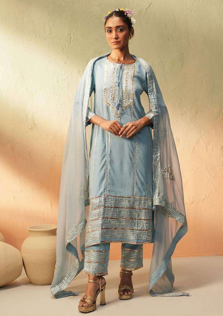 Blue Striped Viscose Kurta Set - Indya