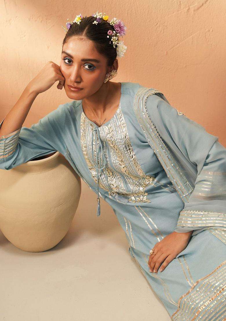 Blue Striped Viscose Kurta Set - Indya