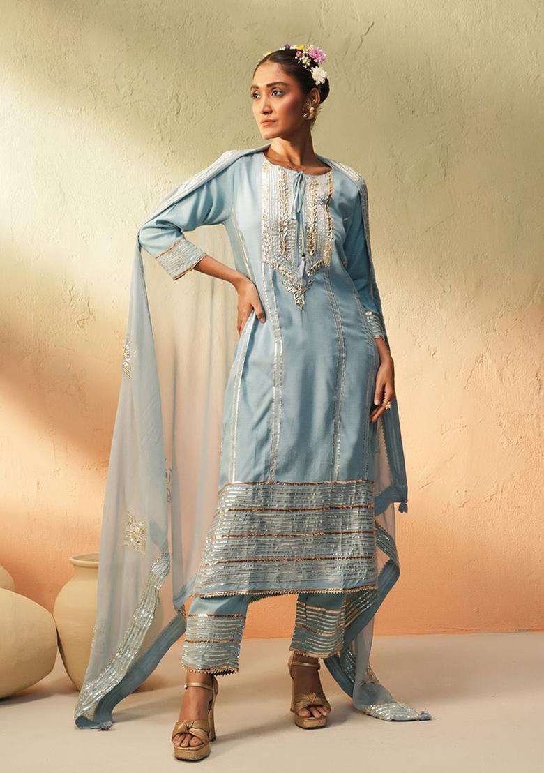 Blue Striped Viscose Kurta Set - Indya