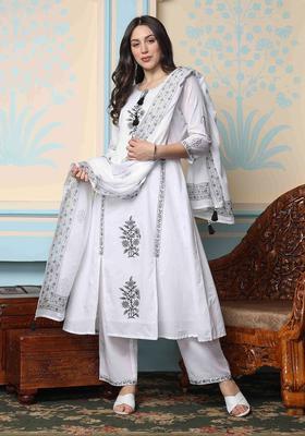 White Printed Cotton Kurta Set