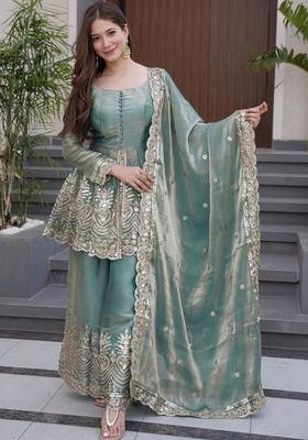 Sea Green Embroidered Silk Kurta Set