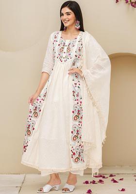 Off White Embroidered Cotton Anarkali Set