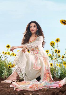 Off White Embroidered Cotton Kurta Set