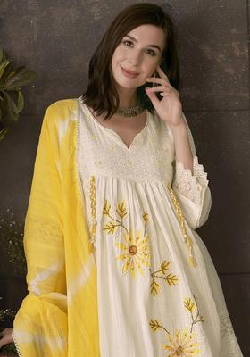 Cream Embroidered Cotton Kurta Set