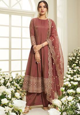 Red Yoke Design Silk Blend Anarkali Set