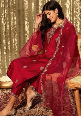 Red Embroidered Silk Blend Kurta Set