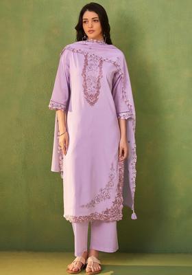 Lavender Embroidered Cotton Kurta Set