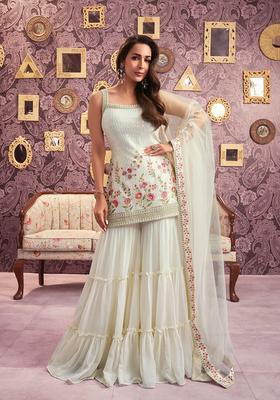 Off White Embroidered Georgette Sharara Set