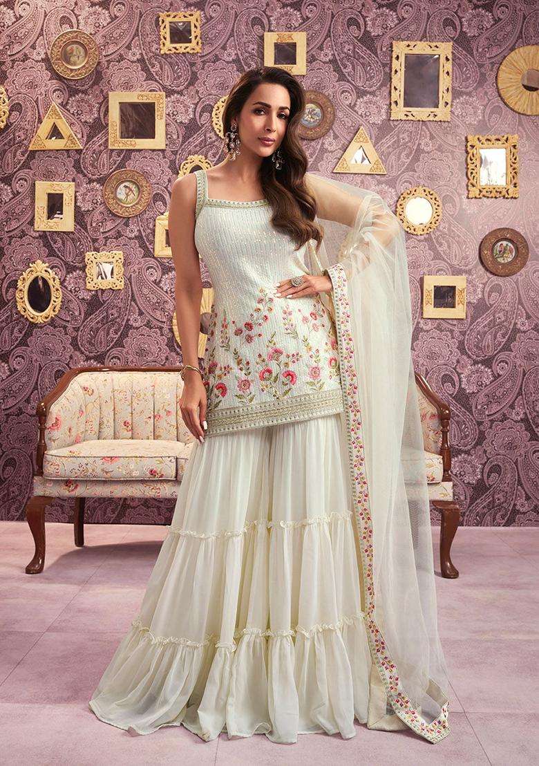 Off White Embroidered Georgette Sharara Set - Indya
