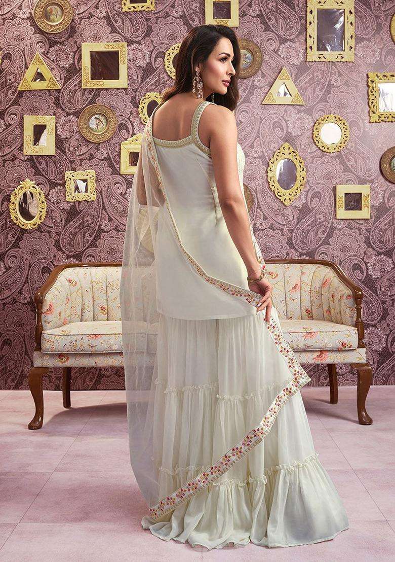 Off White Embroidered Georgette Sharara Set - Indya