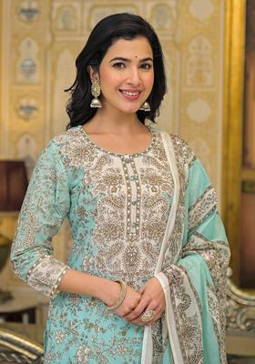 Sea Green Printed Cotton Kurta Set