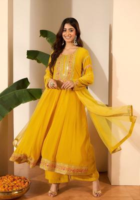 Yellow Embroidered Georgette Kurta Set