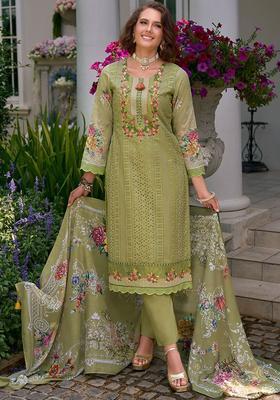 Olive Embroidered Cotton Kurta Set