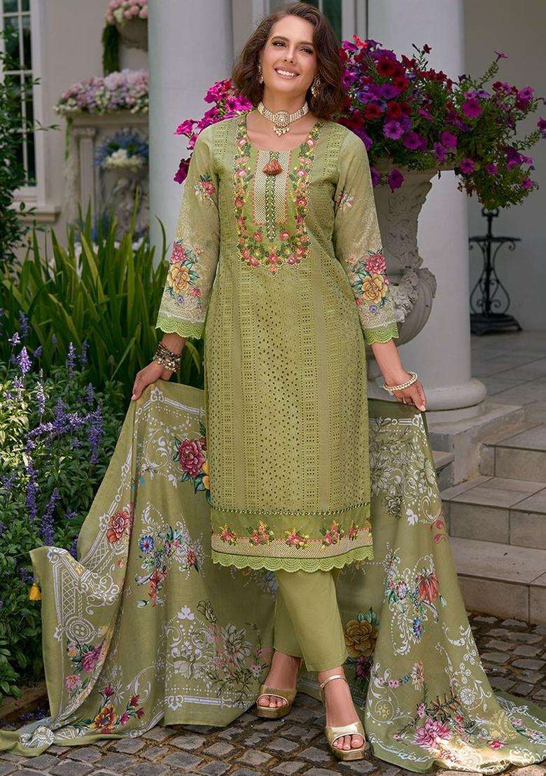 Olive Embroidered Cotton Kurta Set - Indya