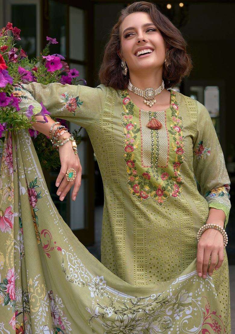 Olive Embroidered Cotton Kurta Set - Indya