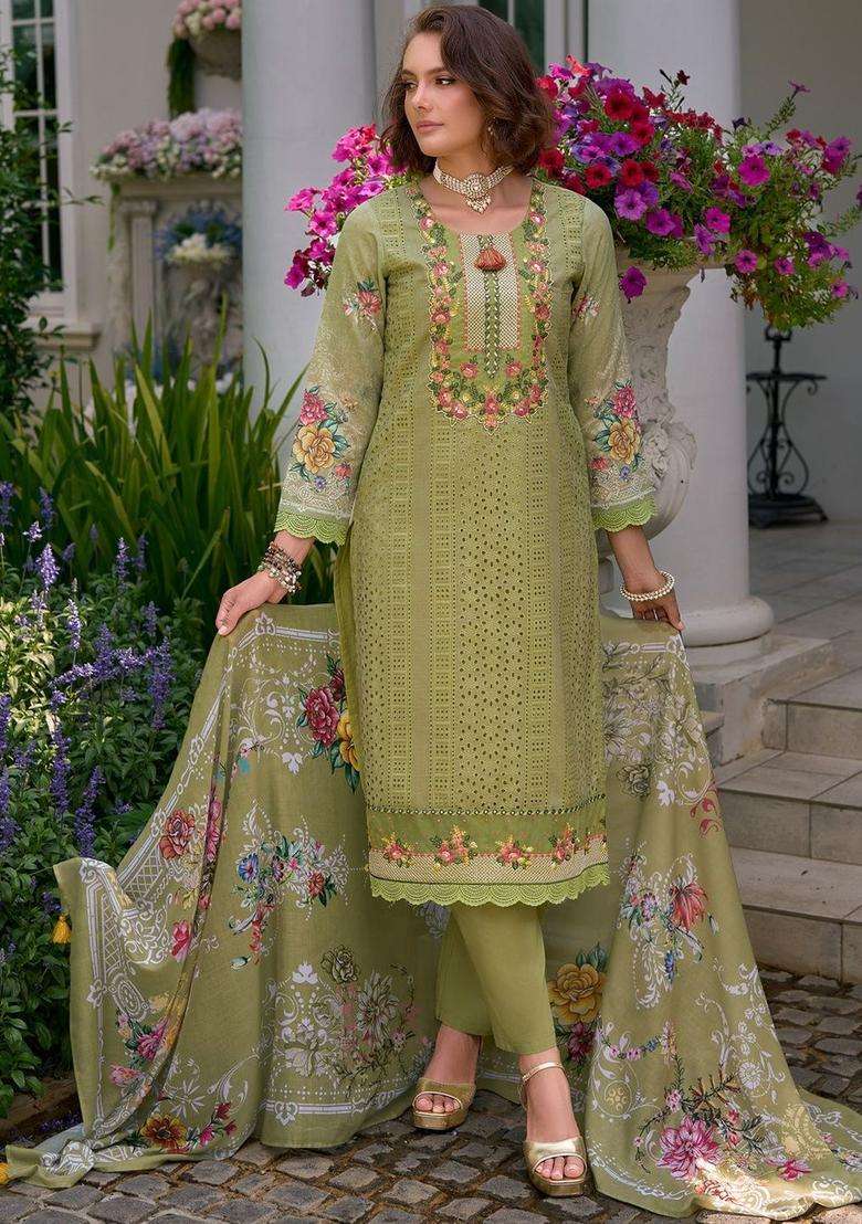 Olive Embroidered Cotton Kurta Set - Indya