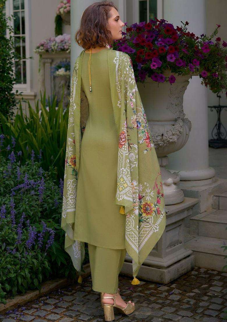 Olive Embroidered Cotton Kurta Set - Indya
