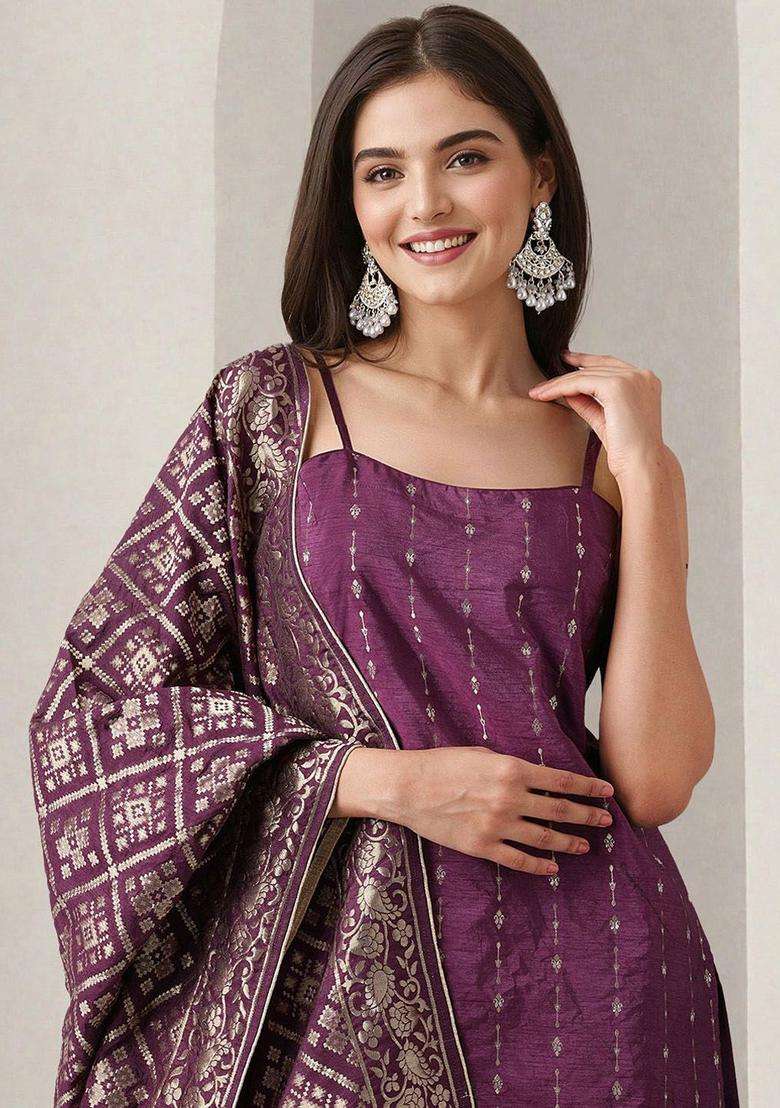 Purple Printed Polyester Kurta Set - Indya