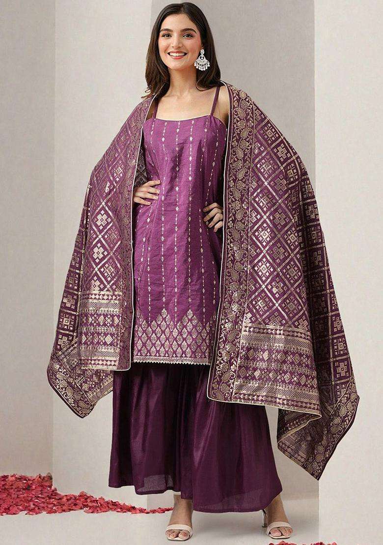 Purple Printed Polyester Kurta Set - Indya