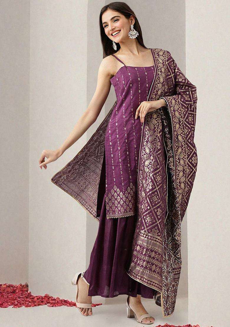 Purple Printed Polyester Kurta Set - Indya