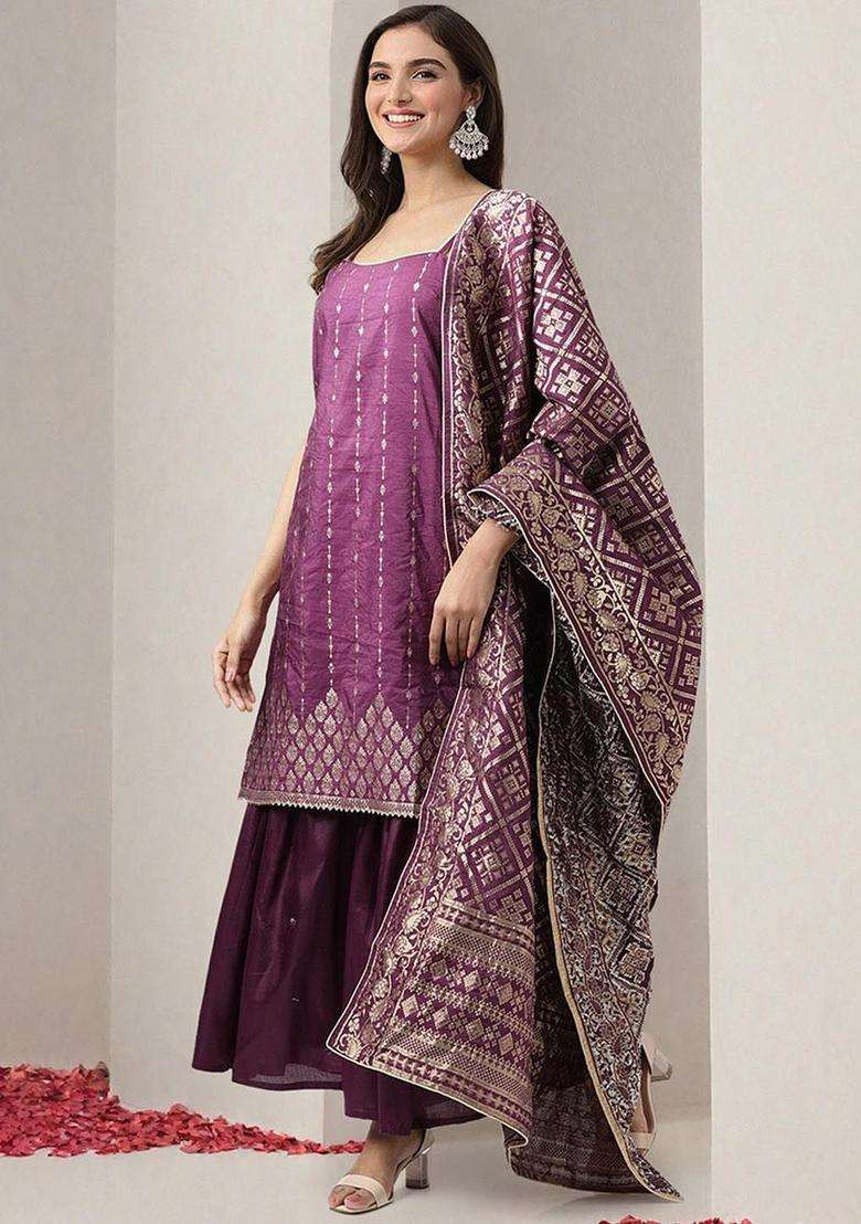 Purple Printed Polyester Kurta Set - Indya