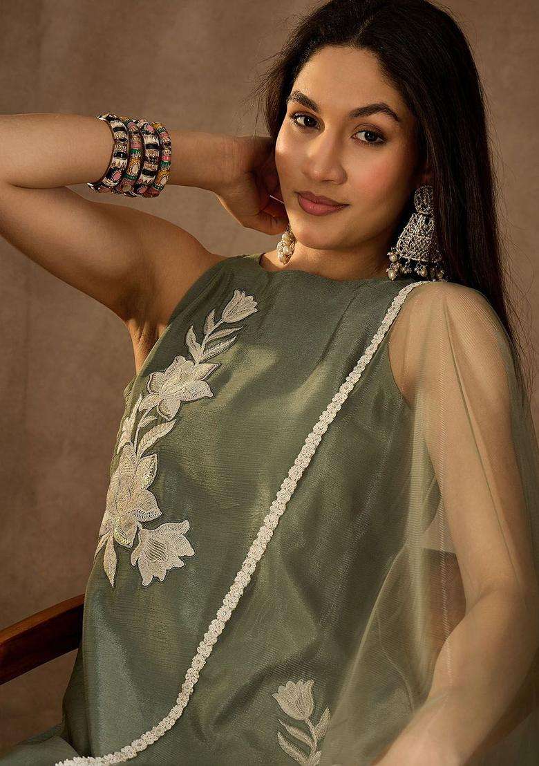 Green Embroidered Chiffon Kurta Set - Indya
