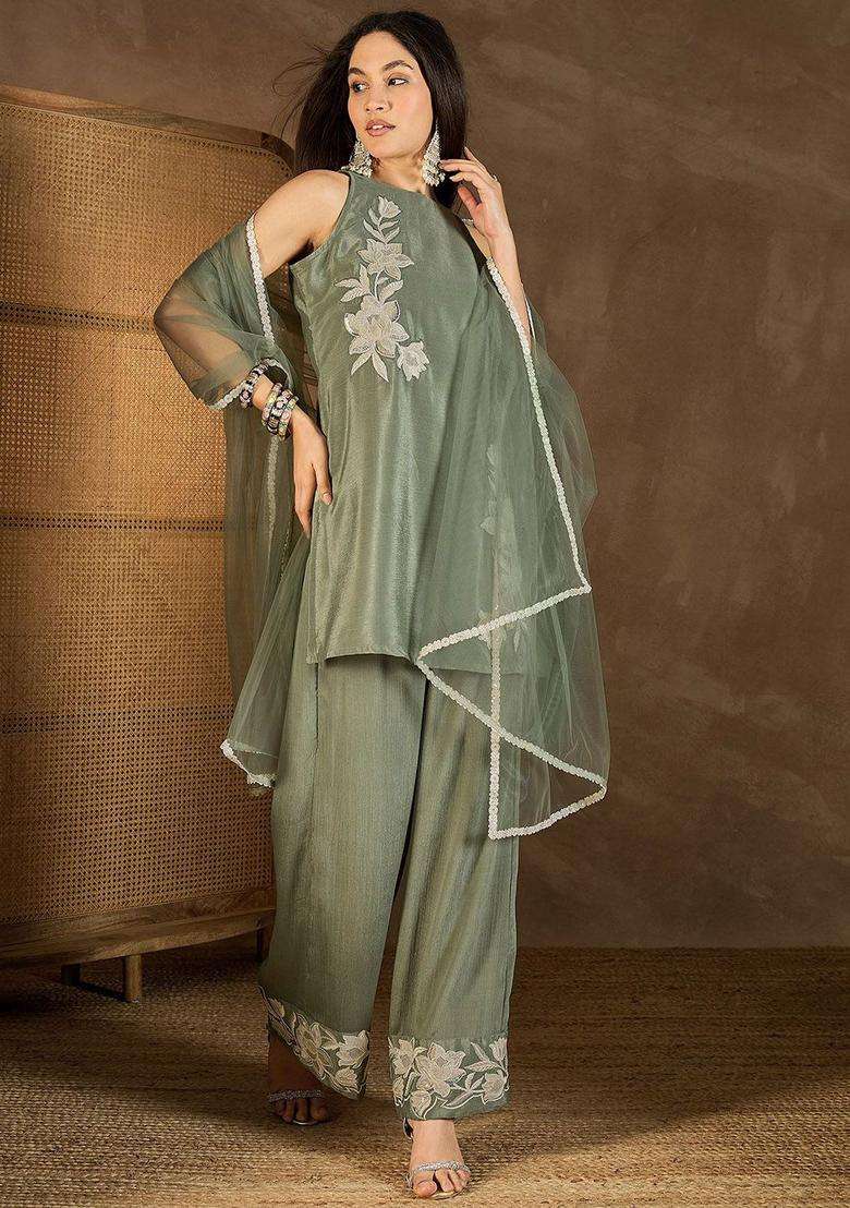 Green Embroidered Chiffon Kurta Set - Indya
