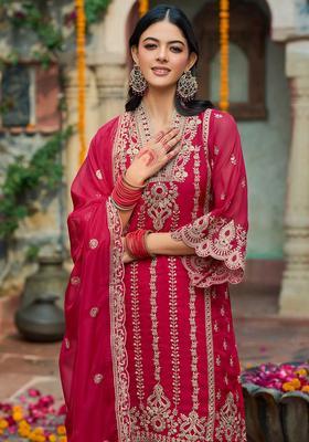 Red Embroidered Organza Kurta Set