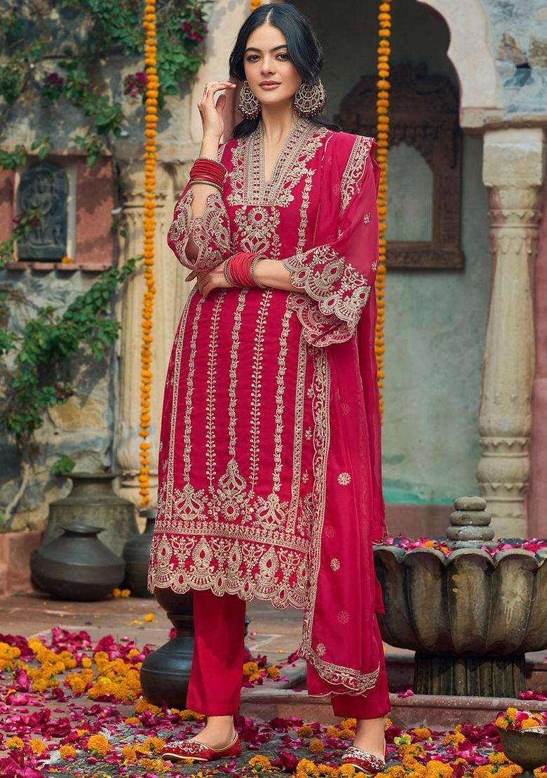 Red Embroidered Organza Kurta Set - Indya