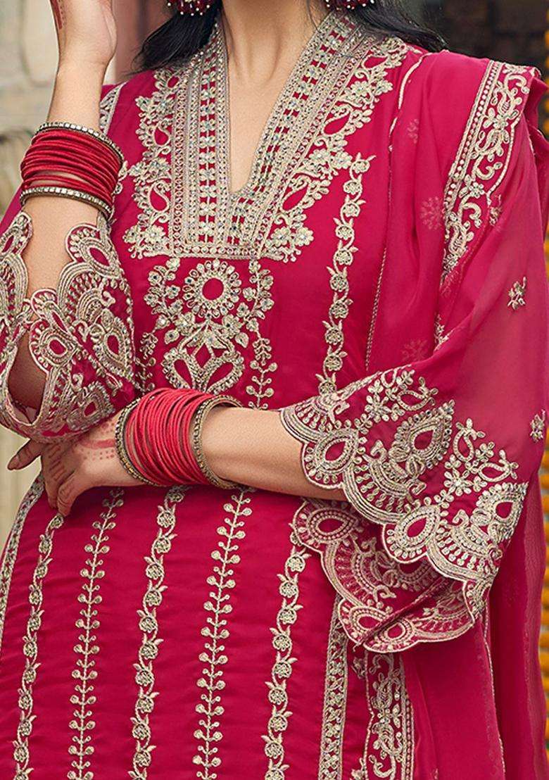 Red Embroidered Organza Kurta Set - Indya