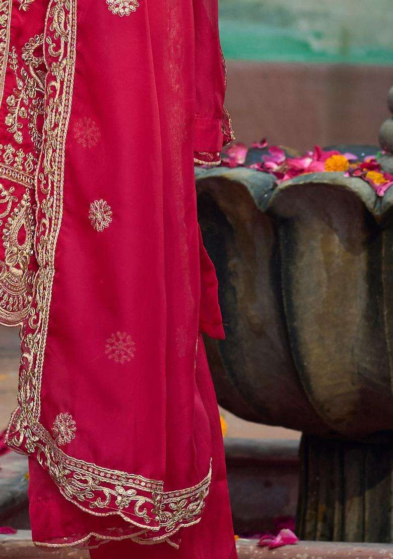 Red Embroidered Organza Kurta Set - Indya