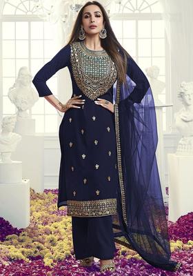 Navy Blue Embroidered Georgette Kurta Set
