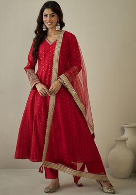 Red Woven Design Silk Blend Kurta Set