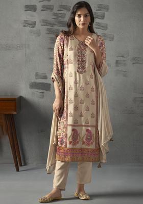 Cream Printed Silk Kurta Set