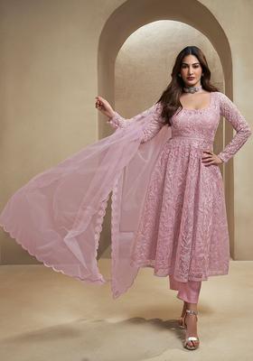 Pink Embroidered Net Kurta Set