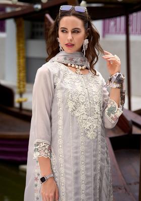 Grey Embroidered Organza Kurta Set