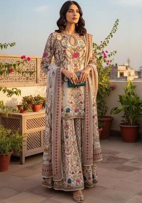 Off White Printed Silk Sharara Set