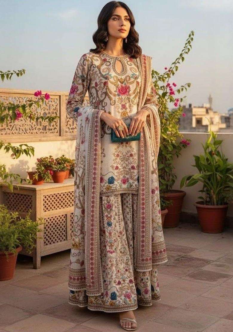 Off White Printed Silk Sharara Set - Indya