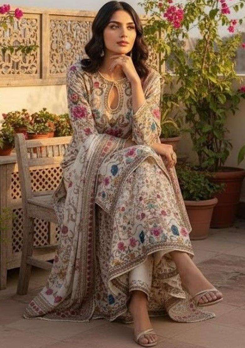 Off White Printed Silk Sharara Set - Indya