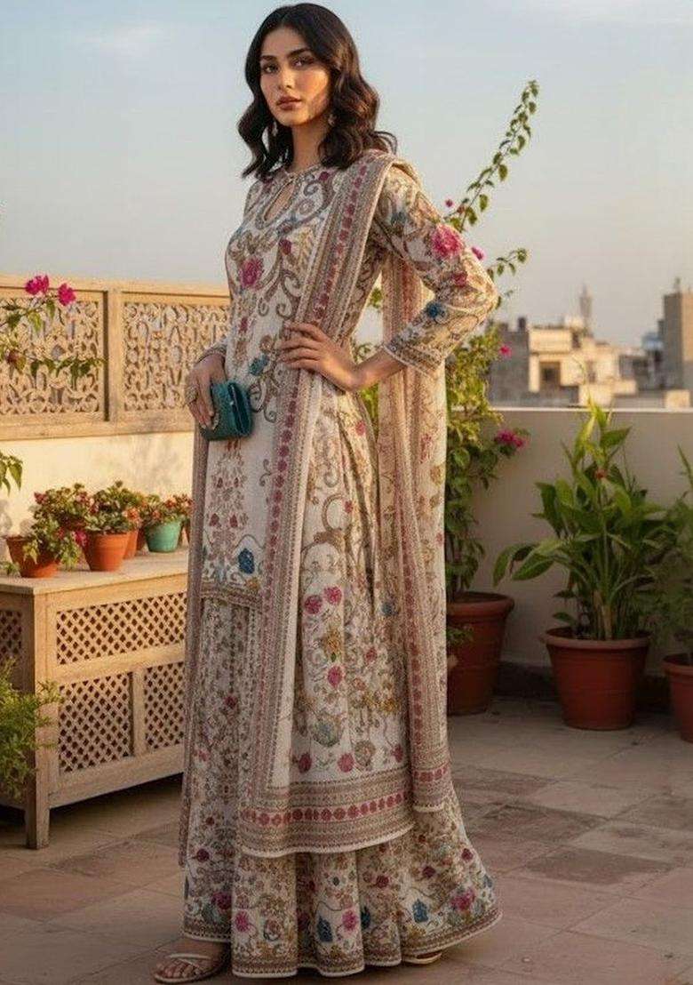 Off White Printed Silk Sharara Set - Indya