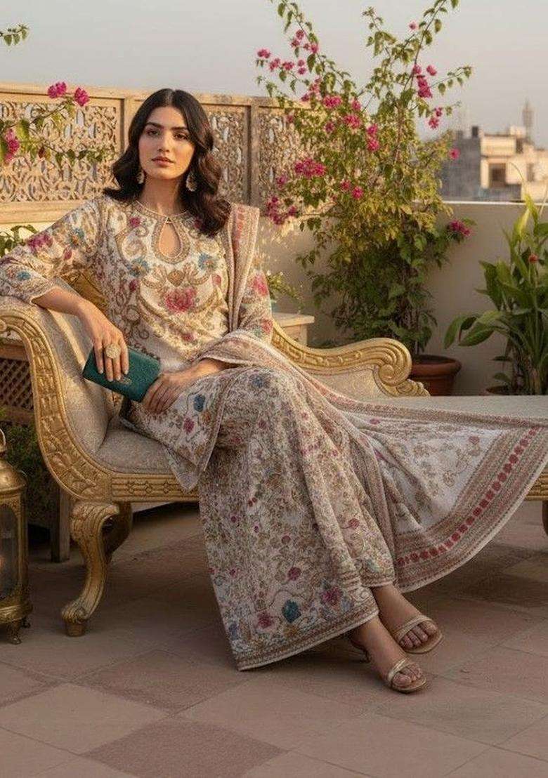 Off White Printed Silk Sharara Set - Indya