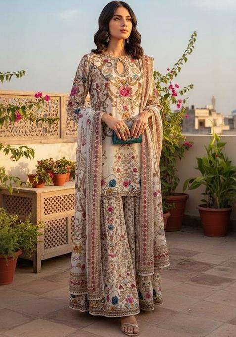 Off White Printed Silk Sharara Set