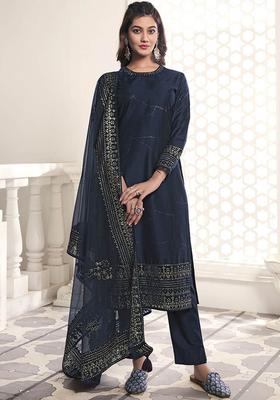 Navy Blue Printed Silk Blend Kurta Set